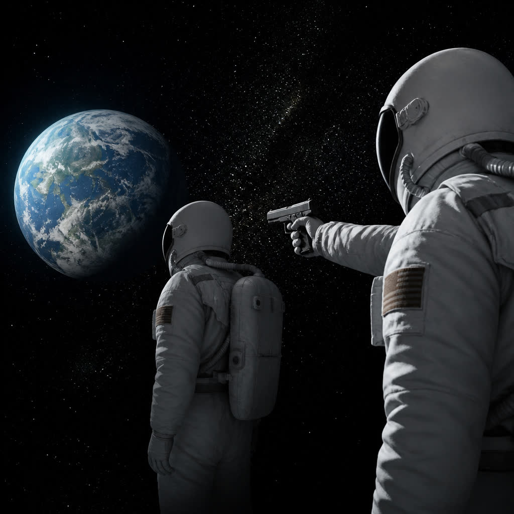 Two astronauts looking at Earth