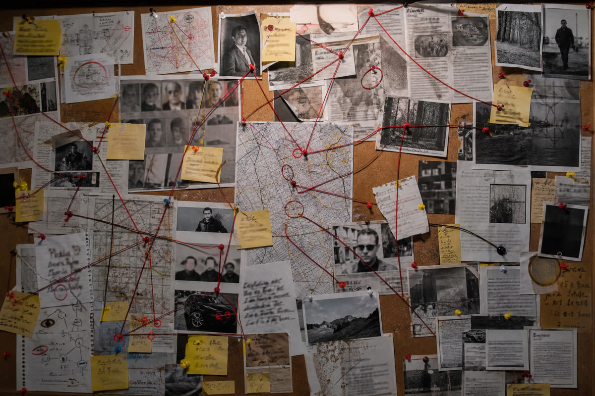 A corkboard covered in red string