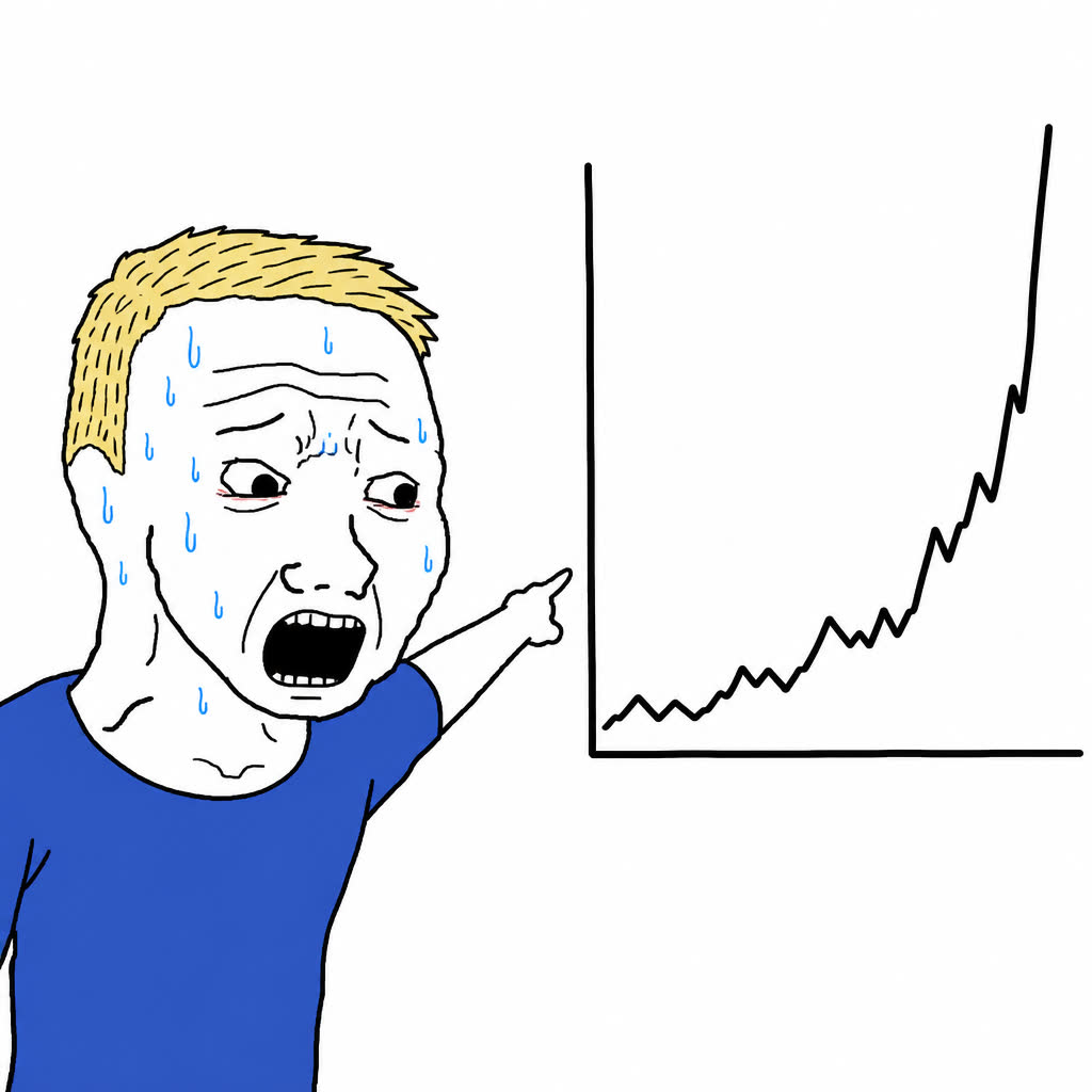 Wojak pointing at a spiking chart